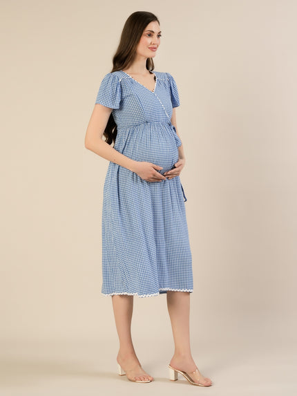 Maternity & Nursing Gingham White Blue Midi Dress
