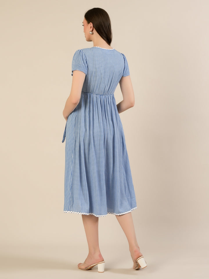 Maternity & Nursing Gingham White Blue Midi Dress