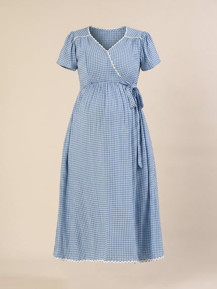 Maternity & Nursing Gingham White Blue Midi Dress