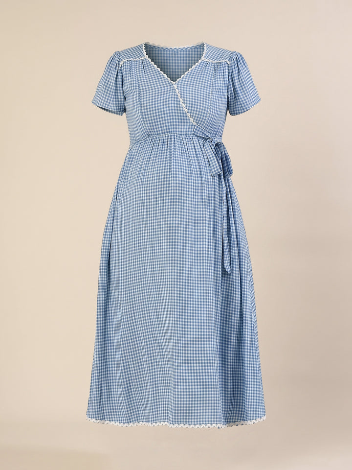 Maternity & Nursing Gingham White Blue Midi Dress