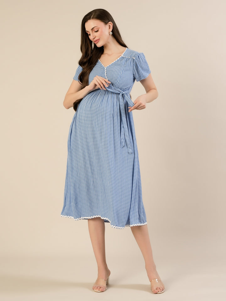 Maternity & Nursing Gingham White Blue Midi Dress
