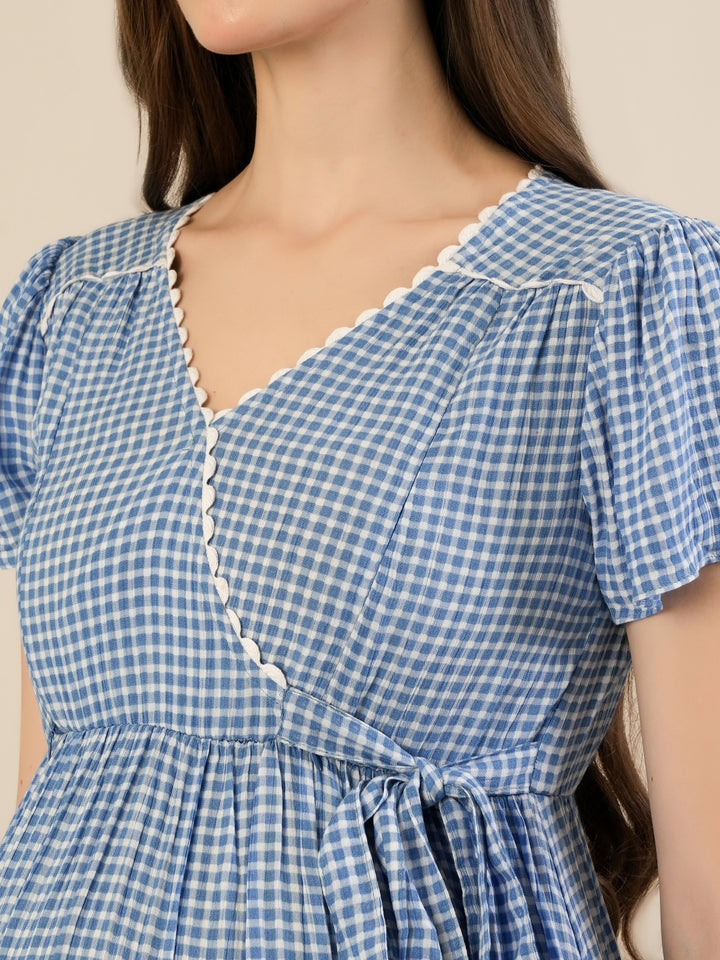 Maternity & Nursing Gingham White Blue Midi Dress