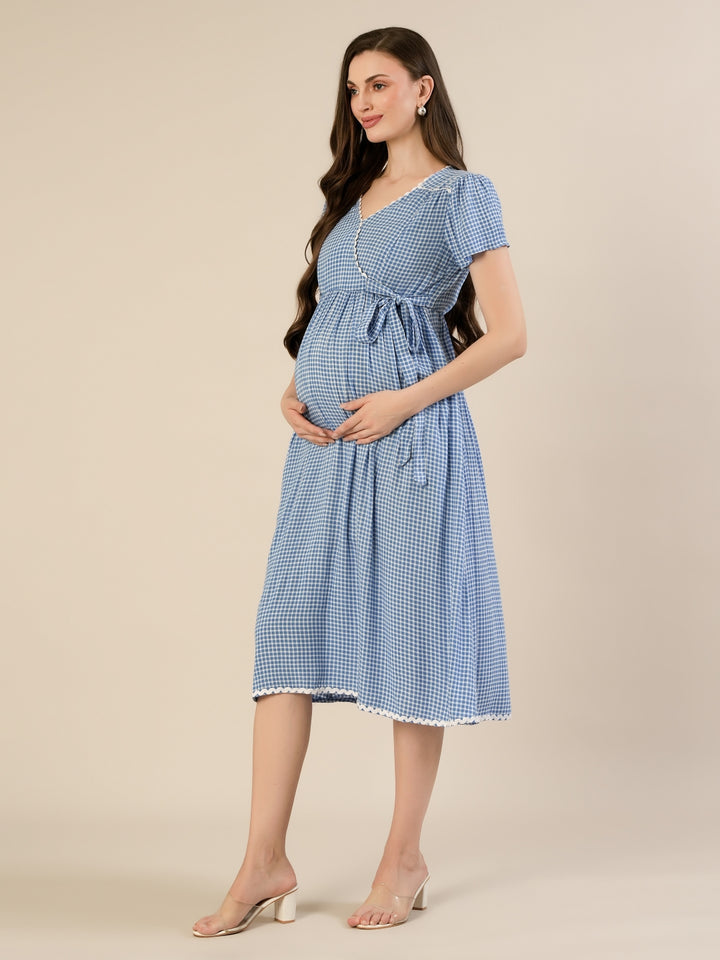 Maternity & Nursing Gingham White Blue Midi Dress