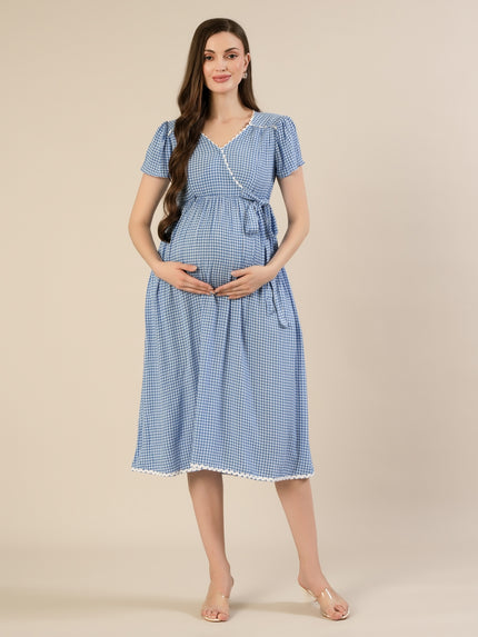 Maternity & Nursing Gingham White Blue Midi Dress