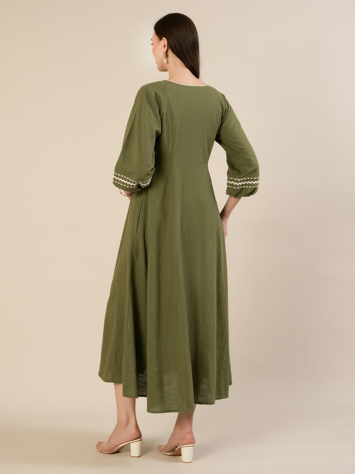 Maternity & Nursing Green Cotton Button-Down Midi Dress