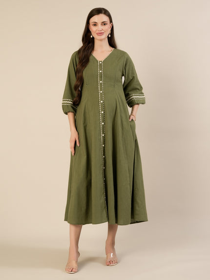 Maternity & Nursing Green Cotton Button-Down Midi Dress