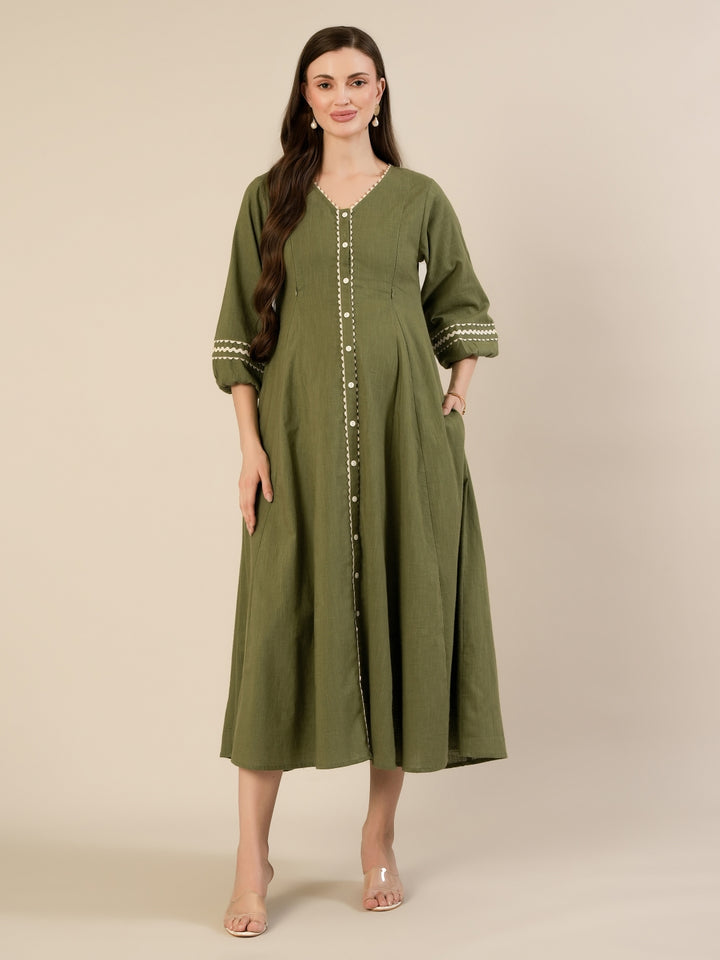 Maternity & Nursing Green Cotton Button-Down Midi Dress