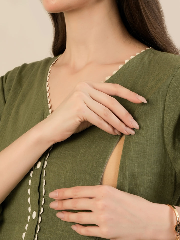 Maternity & Nursing Green Cotton Button-Down Midi Dress
