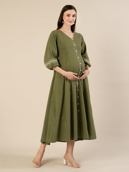 Maternity & Nursing Green Cotton Button-Down Midi Dress