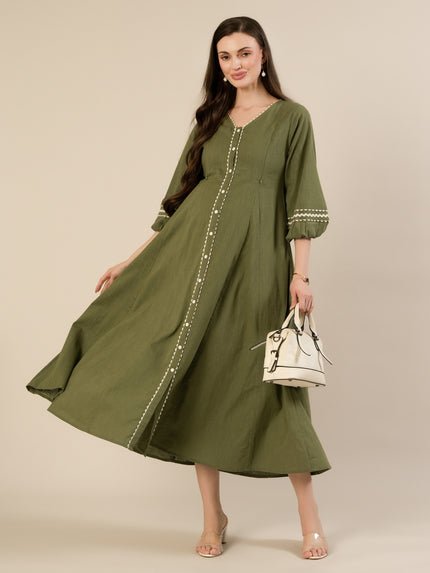 Maternity & Nursing Green Cotton Button-Down Midi Dress