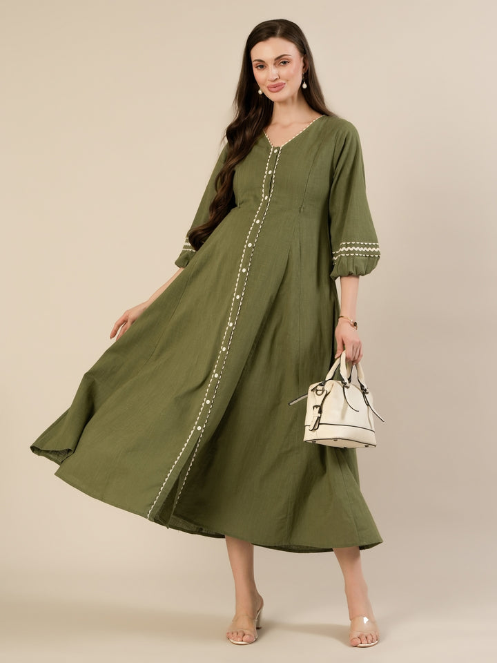 Maternity & Nursing Green Cotton Button-Down Midi Dress