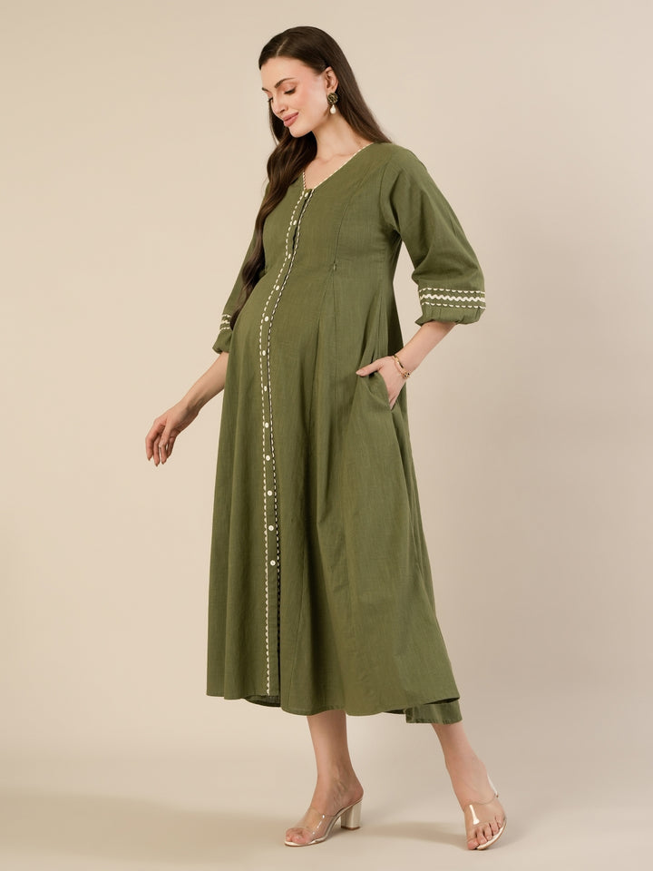 Maternity & Nursing Green Cotton Button-Down Midi Dress