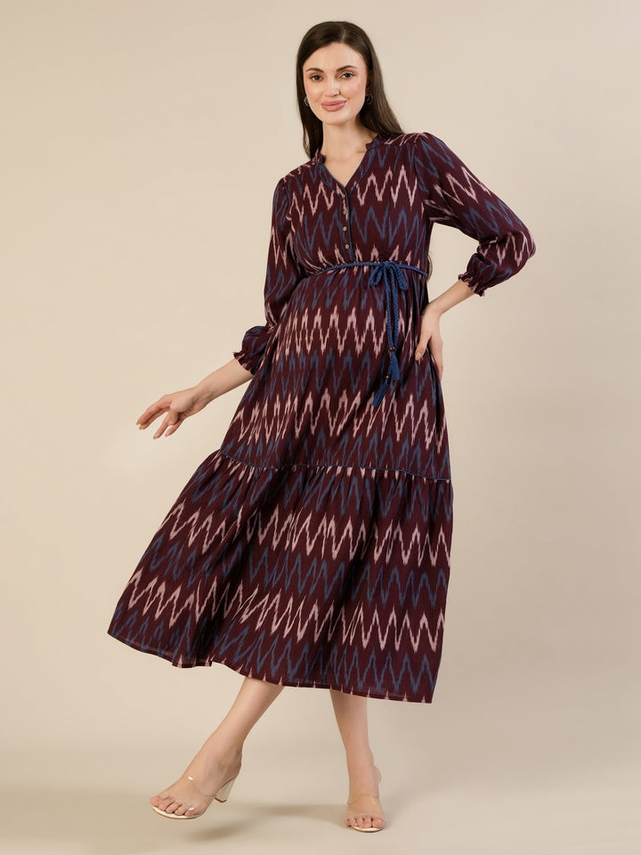 Maternity & Nursing Maroon Ikat Tiered Cotton Midi Dress