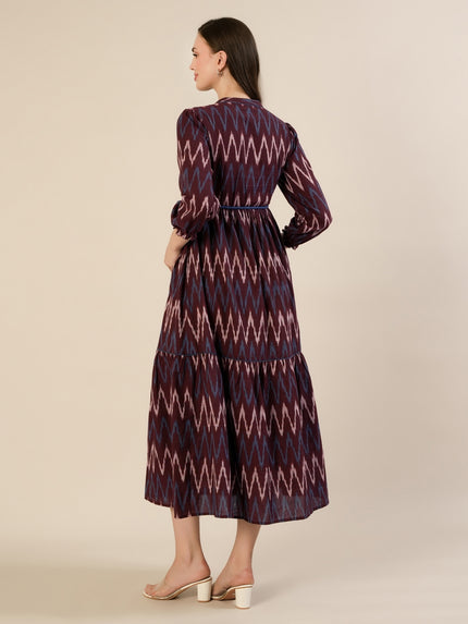 Maternity & Nursing Maroon Ikat Tiered Cotton Midi Dress