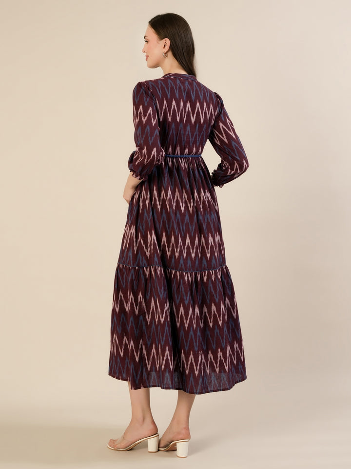 Maternity & Nursing Maroon Ikat Tiered Cotton Midi Dress