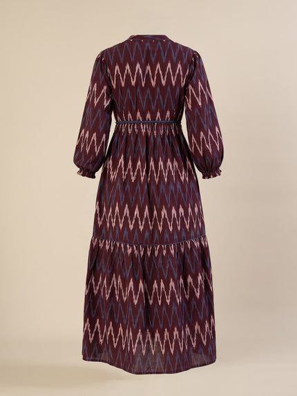 Maternity & Nursing Maroon Ikat Tiered Cotton Midi Dress