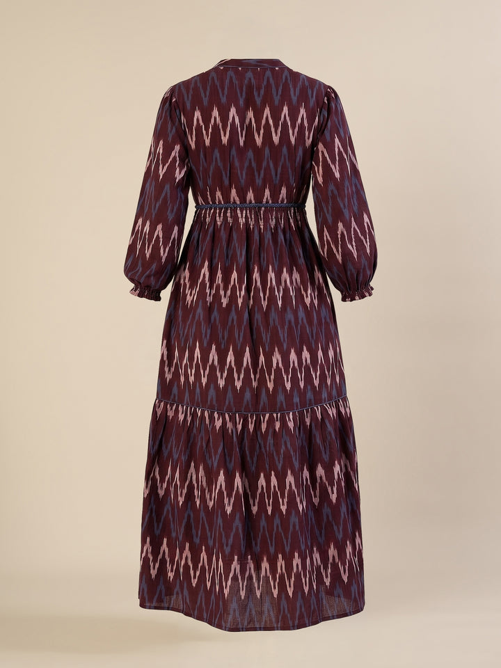 Maternity & Nursing Maroon Ikat Tiered Cotton Midi Dress