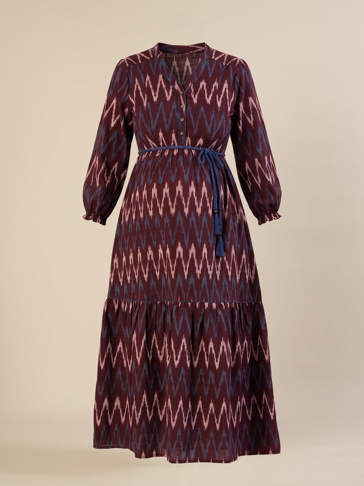 Maternity & Nursing Maroon Ikat Tiered Cotton Midi Dress