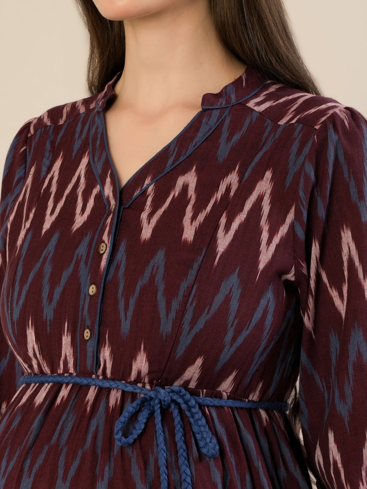 Maternity & Nursing Maroon Ikat Tiered Cotton Midi Dress