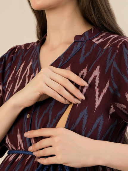 Maternity & Nursing Maroon Ikat Tiered Cotton Midi Dress