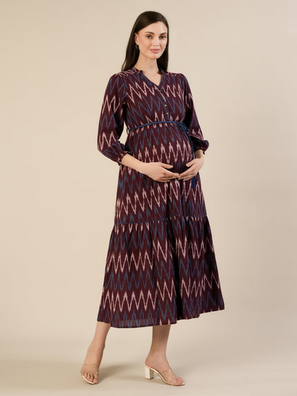 Maternity & Nursing Maroon Ikat Tiered Cotton Midi Dress
