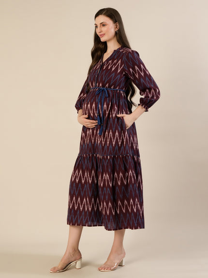 Maternity & Nursing Maroon Ikat Tiered Cotton Midi Dress