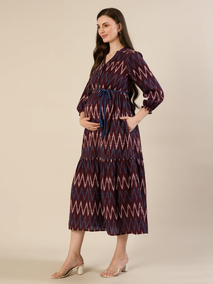 Maternity & Nursing Maroon Ikat Tiered Cotton Midi Dress