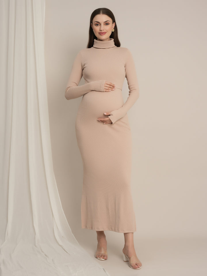 Bodycon Maternity Zipless Nursing-friendly Dress - Beige