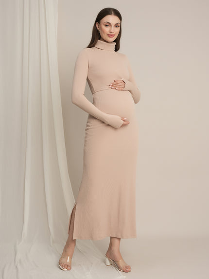 Bodycon Maternity Zipless Nursing-friendly Dress - Beige