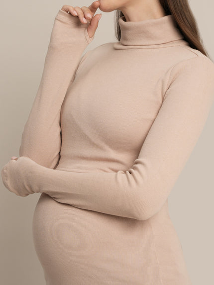 Bodycon Maternity Zipless Nursing-friendly Dress - Beige