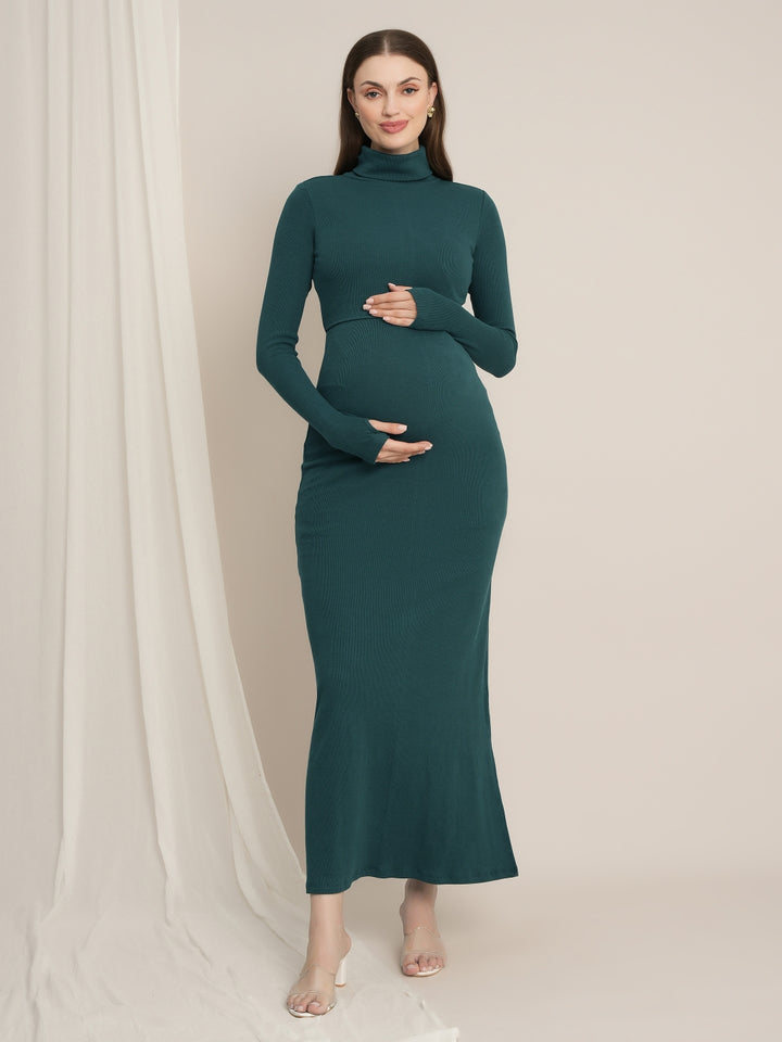 Bodycon Maternity Zipless Nursing-friendly Dress - Green