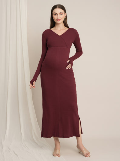 Zipless Maternity Bodycon Dress - Burgundy