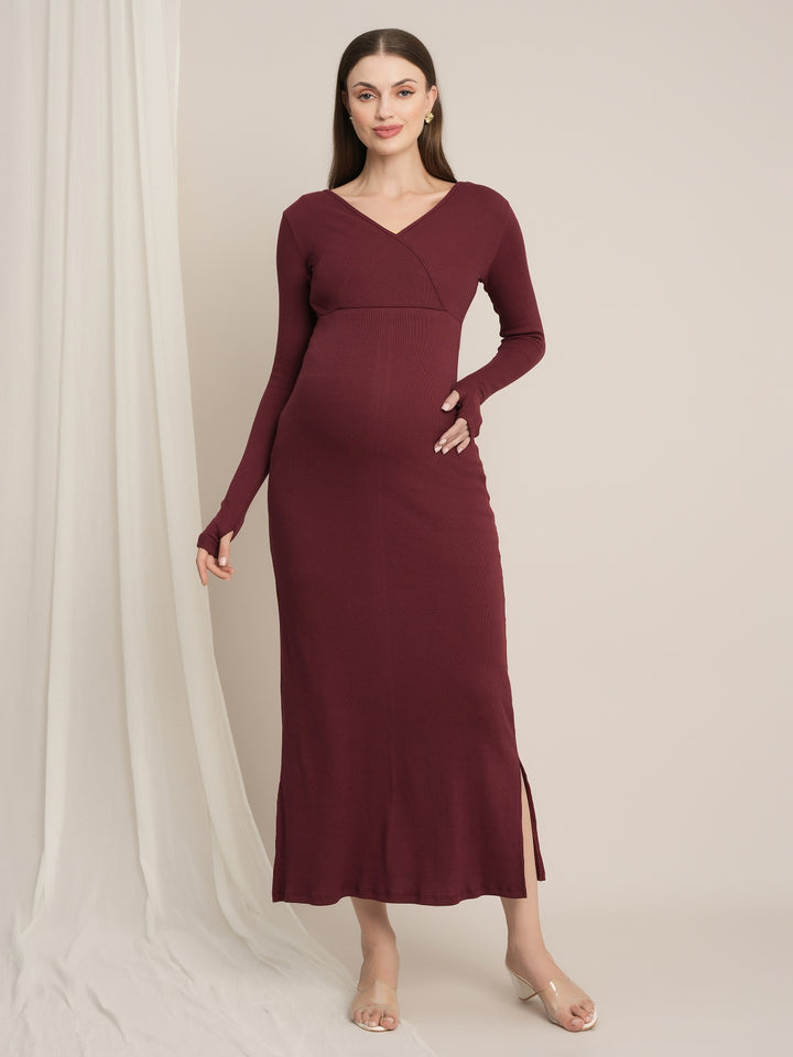 Zipless Maternity Bodycon Dress - Burgundy