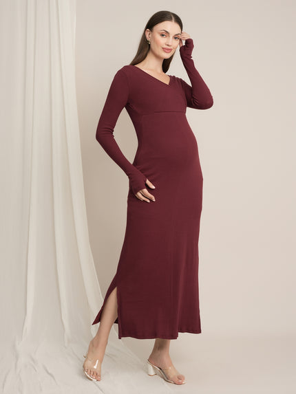 Zipless Maternity Bodycon Dress - Burgundy