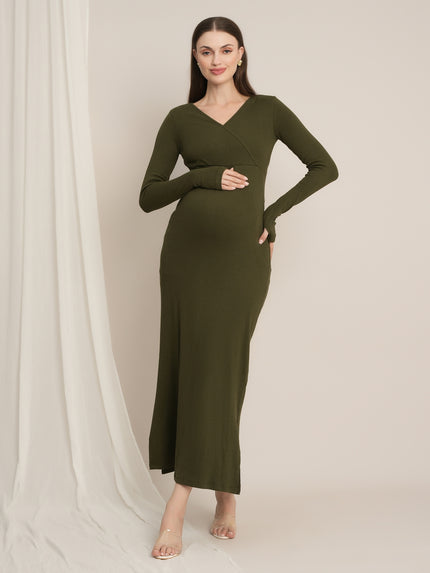 Zipless Maternity Bodycon Dress - Olive Green