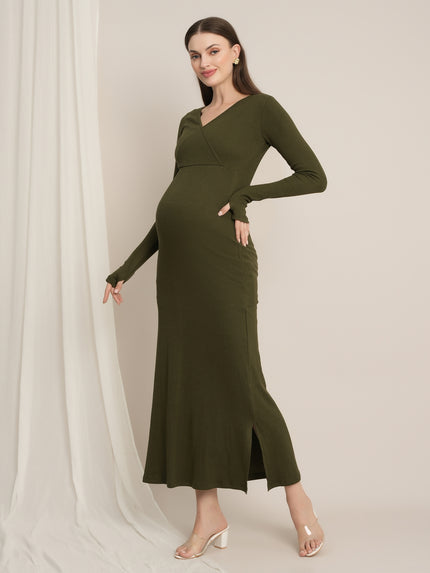 Zipless Maternity Bodycon Dress - Olive Green