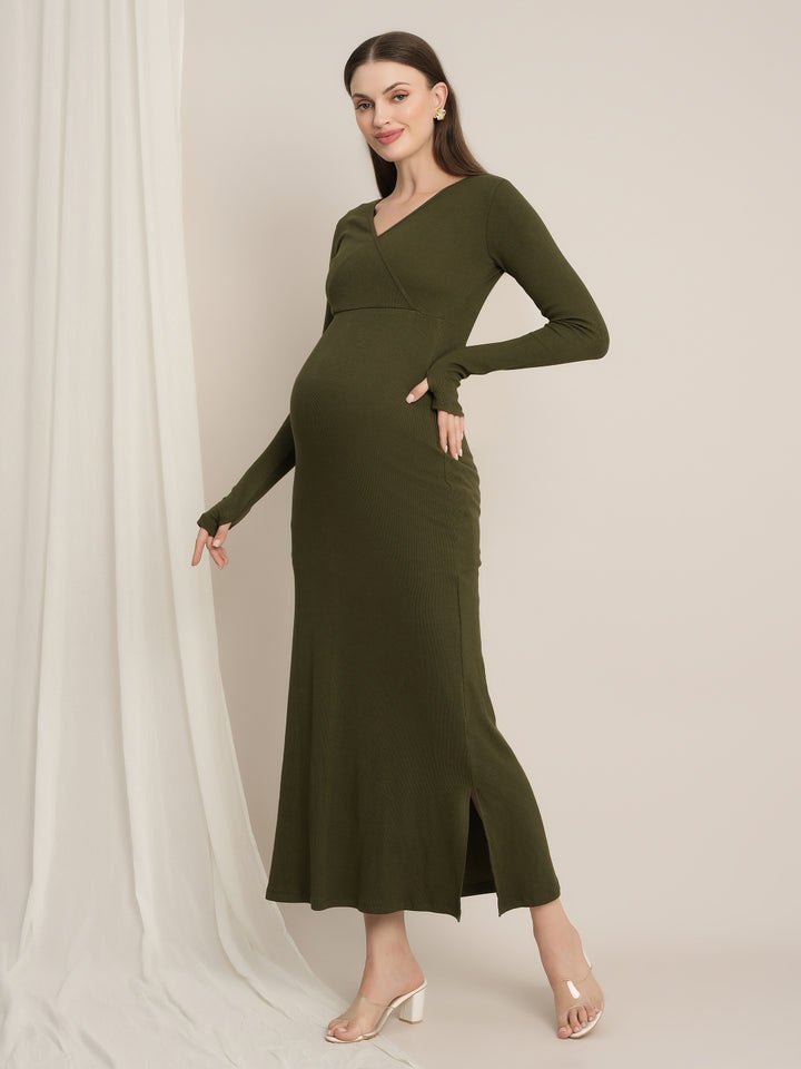 Zipless Maternity Bodycon Dress - Olive Green