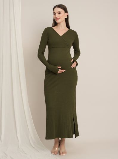 Zipless Maternity Bodycon Dress - Olive Green