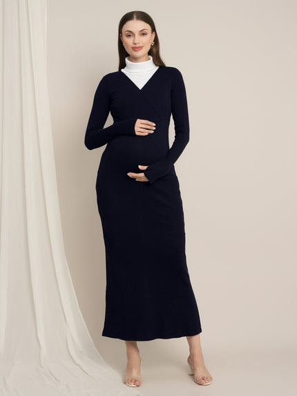 Zipless Maternity Maxi Bodycon Dress with Slit - Navy Blue