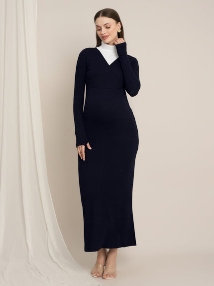 Zipless Maternity Maxi Bodycon Dress with Slit - Navy Blue
