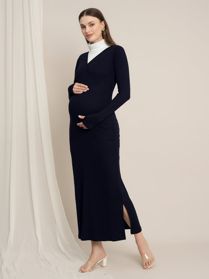 Zipless Maternity Maxi Bodycon Dress with Slit - Navy Blue
