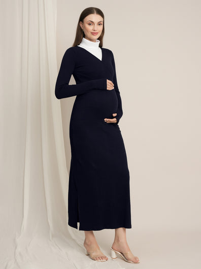 Zipless Maternity Maxi Bodycon Dress with Slit - Navy Blue