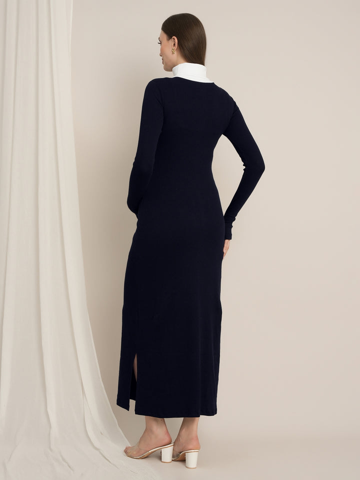 Zipless Maternity Maxi Bodycon Dress with Slit - Navy Blue