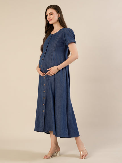 Maternity & Nursing Steel Blue Button-Front Denim Dress