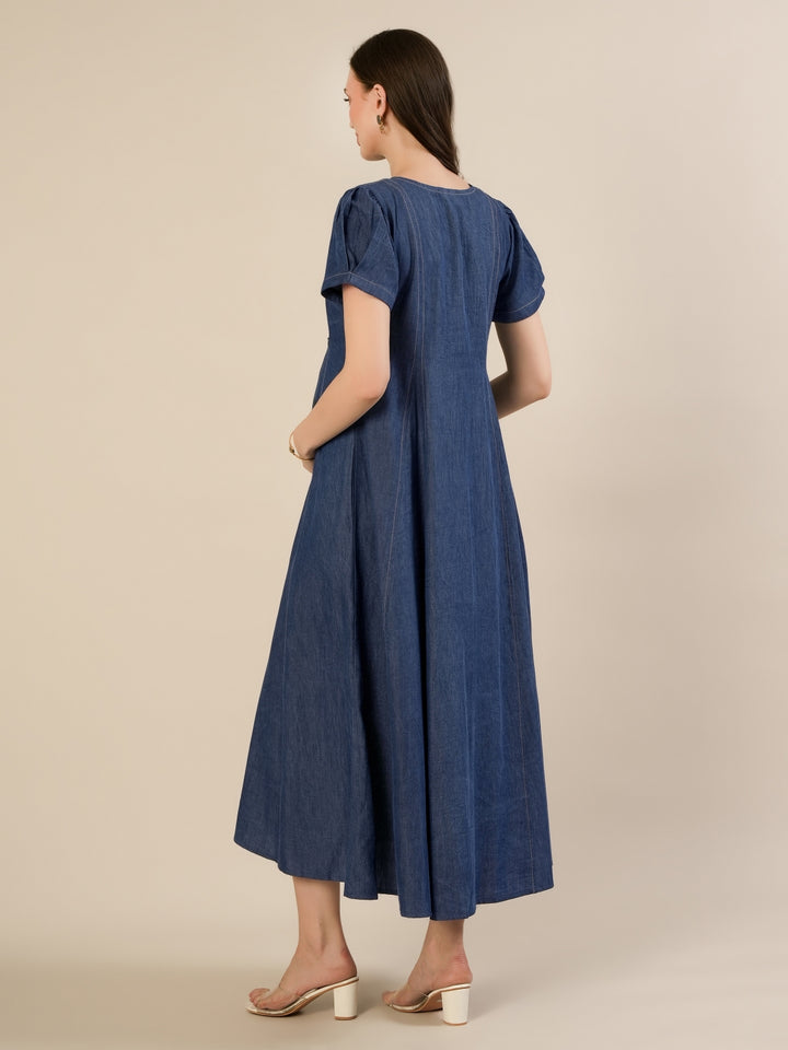 Maternity & Nursing Steel Blue Button-Front Denim Dress