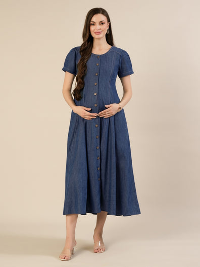 Maternity & Nursing Steel Blue Button-Front Denim Dress
