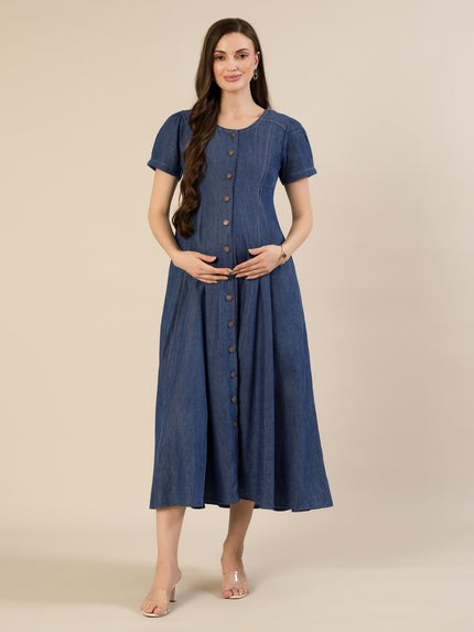 Maternity & Nursing Steel Blue Button-Front Denim Dress