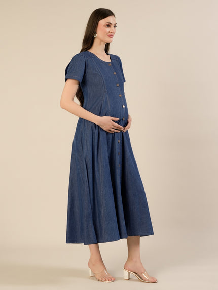 Maternity & Nursing Steel Blue Button-Front Denim Dress