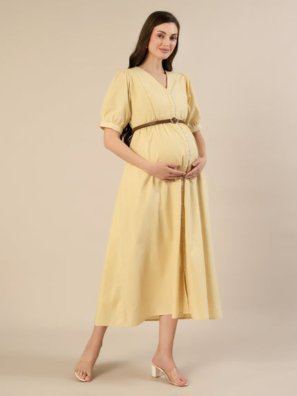 Maternity & Nursing Yellow Stripe Belted Midi Dress