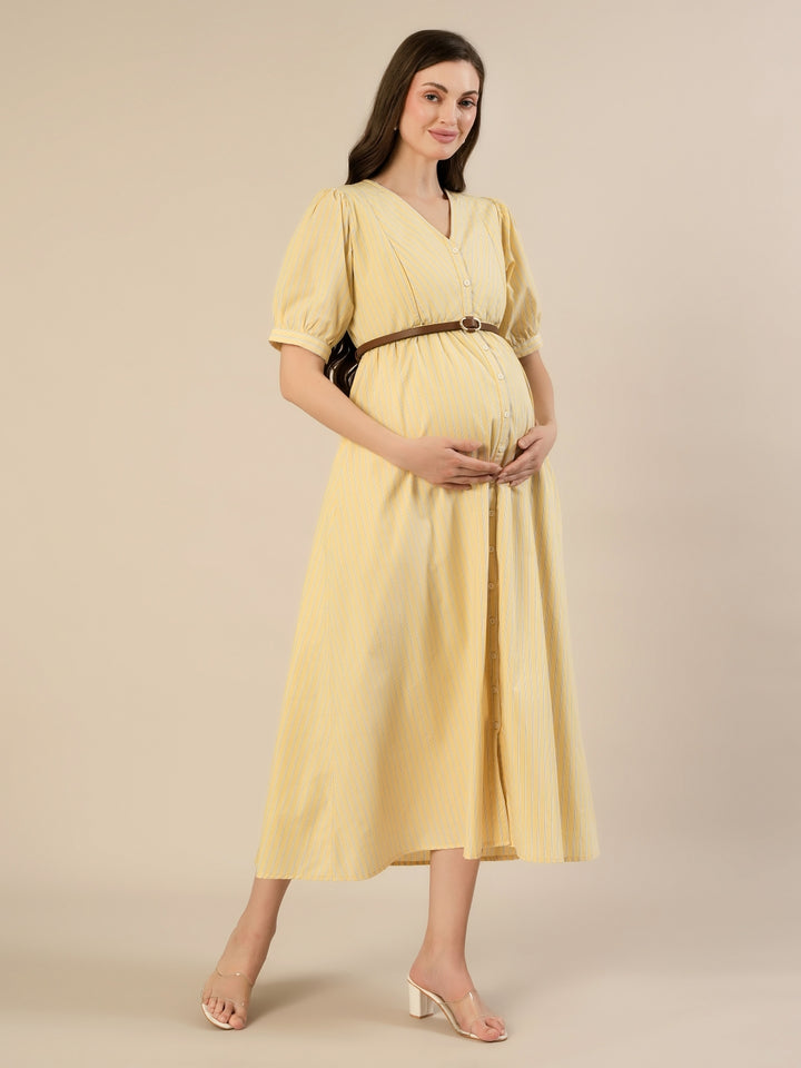 Maternity & Nursing Yellow Stripe Belted Midi Dress